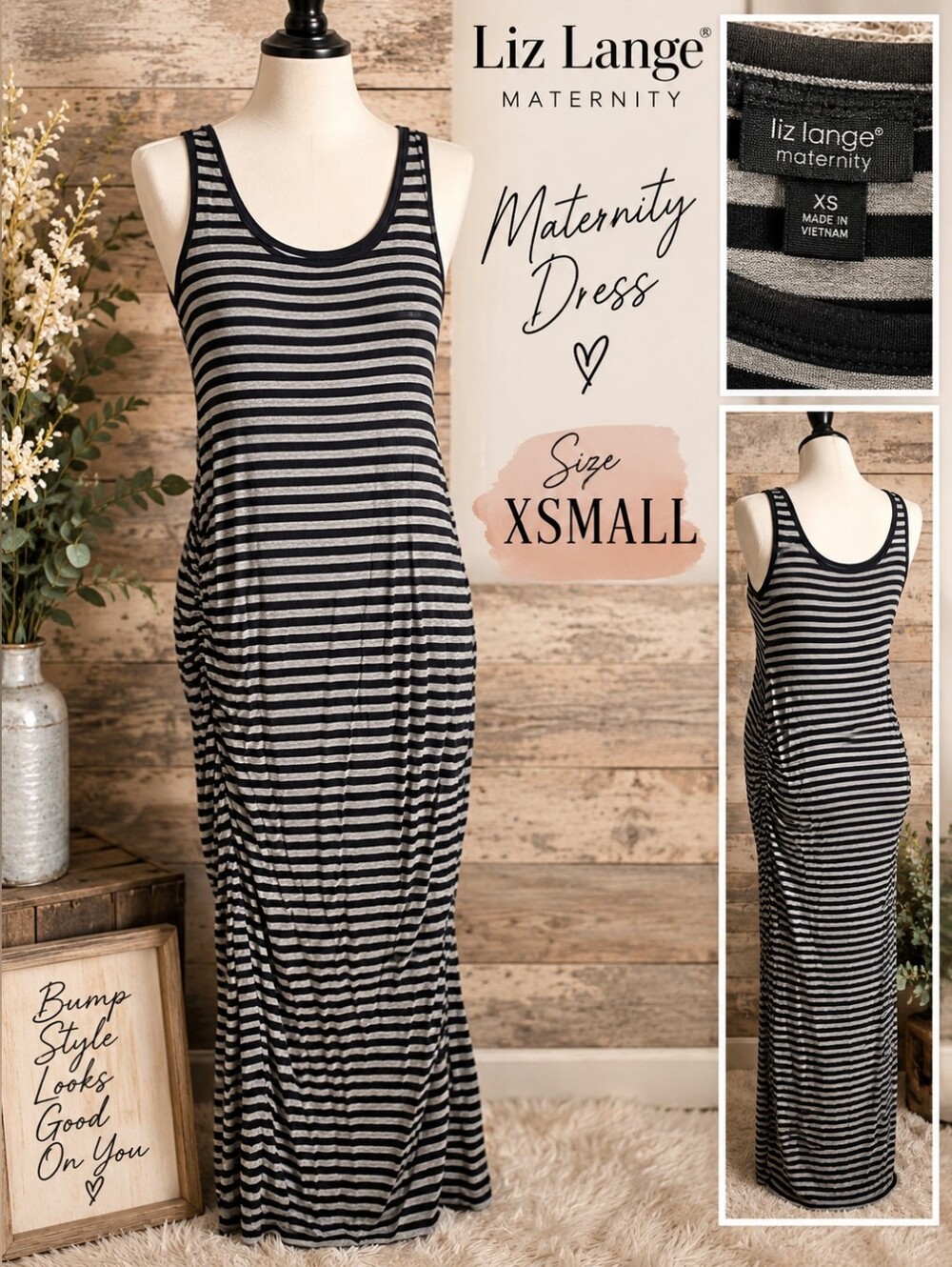 Liz Lange Black and Gray Striped Tank Maxi Maternity Dress